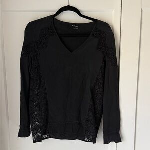 The Kooples Black V-Neck Lace-Inset Long Sleeve Blouse